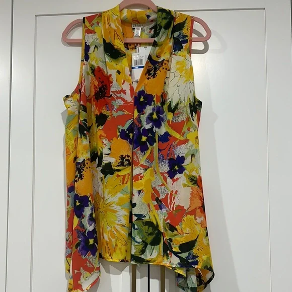 Spense Yellow and Orange Asymmetrical Sleeveless Blouse - Picture 1 of 4